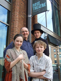 Head of Performance and Screen Studies Frank Whately takes a break from rehearsals with the Earl of Shaftesbury (Matthew Thom), Joe Cooper (Harry Ashbee) and Annie Cooper (Anna Lancaster) outside the Rose Theatre.