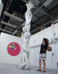 Fine art student Carola Wochnerâ€™s work, including this sculpture, has attracted a lot of attention from visitors to the Kingston University Degree Show. Member of staff Lynda Horsewood admires the work