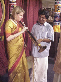 Photo of Dr Ingrid Pearson (left) playing the nagaswaram.