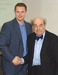 Photograph shows MBA student Gareth Kemp with Professor Heinz Wolff