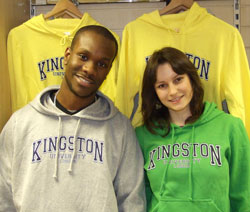 Studentsâ€™ Union president Olrick Coker and environmental management student Renata Rez model the new Kingston University Fairtrade sweatshirts. 