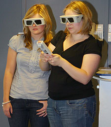 Healthcare students Danielle Skipsey (left) and Sophie Smith have to don special glasses to use the new VERT technology.
